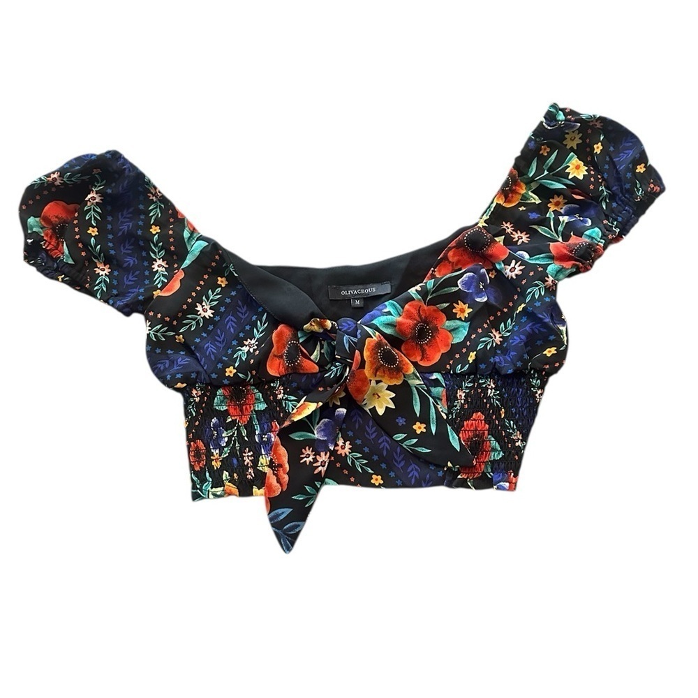 Olivaceous Tropical Off Shoulder Tie Crop Top - Juniors Size Medium - Floral - Picture 2 of 4